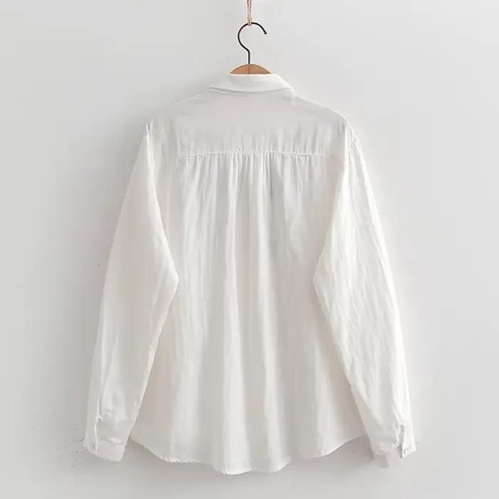 Chemise brodée de fleurs en fil double couche pour femmes, chemisier en coton femme, manches longues