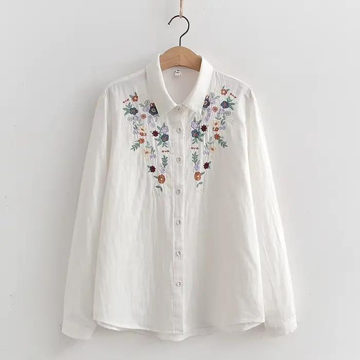 Chemise brodée de fleurs en fil double couche pour femmes, chemisier en coton femme, manches longues