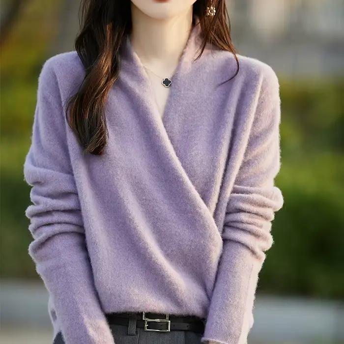 Hiver 100% Pure laine tricoté femmes pull col en v pull Standard cachemire tricots nouvelle mode Sex