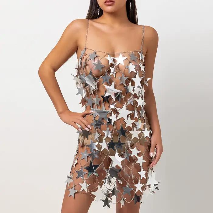 Robes Sexy étoiles brillantes pour femmes, dos nu, couleur noire, pour plage, discothèque, fête, Pro