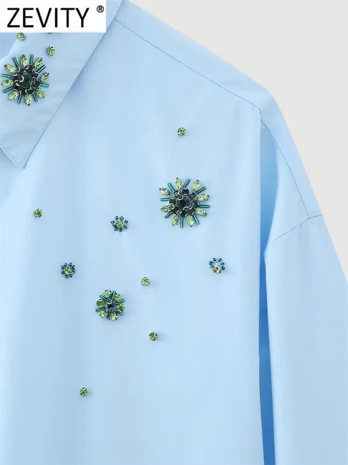 Zevity-Chemisier en Popeline à Manches sulfpour Femme, Broderie de Perles de Diamant, Chemise Décont