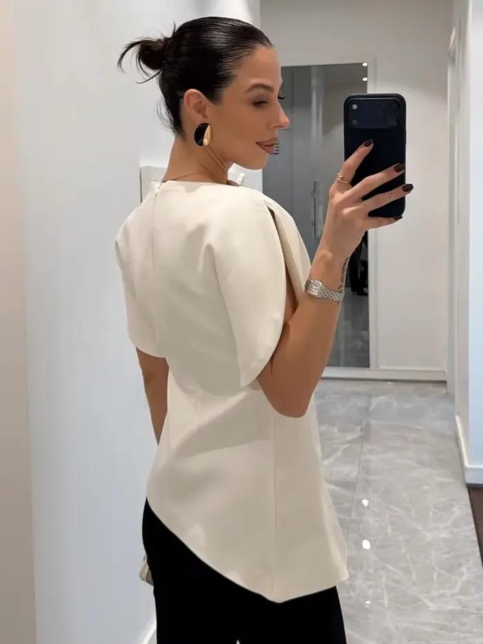 SLTNX T-shirts noirs décontractés et chics à manches courtes bouffantes pour femmes, hauts droits à 