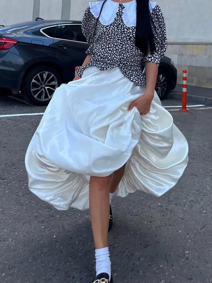 Jupe Trapèze Drapée en Satin pour Femme, Taille Haute, Mode Élégante, Couleur Unie, Fermeture Éclair