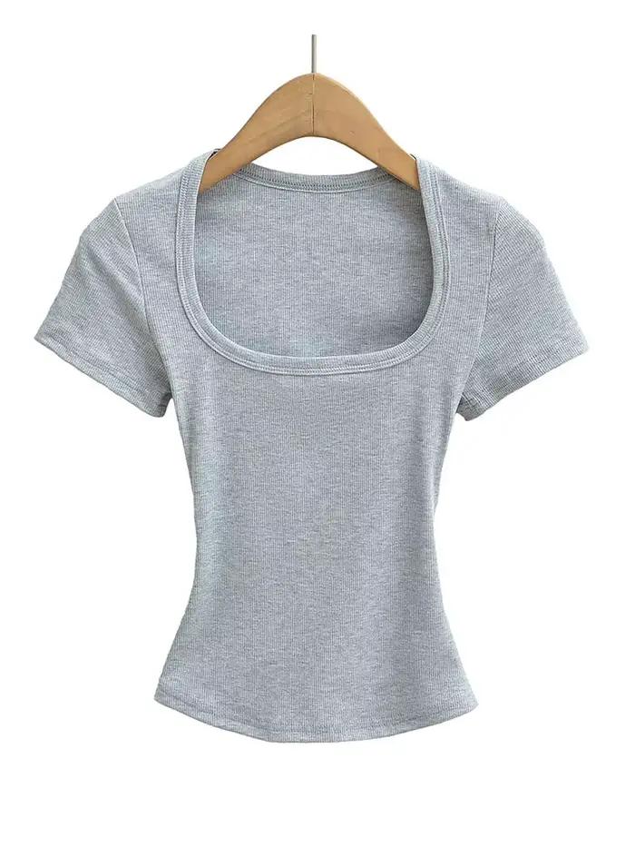 Haut court à col carré pour femmes, coupe cintrée, pull à manches courtes, très extensible, chemisie