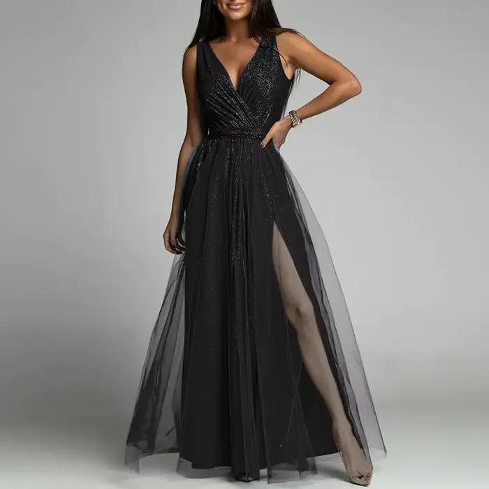 Robe de soirée en dentelle et maille pour femme, tenue de soirée Sexy sans manches, Maxi plis, col e