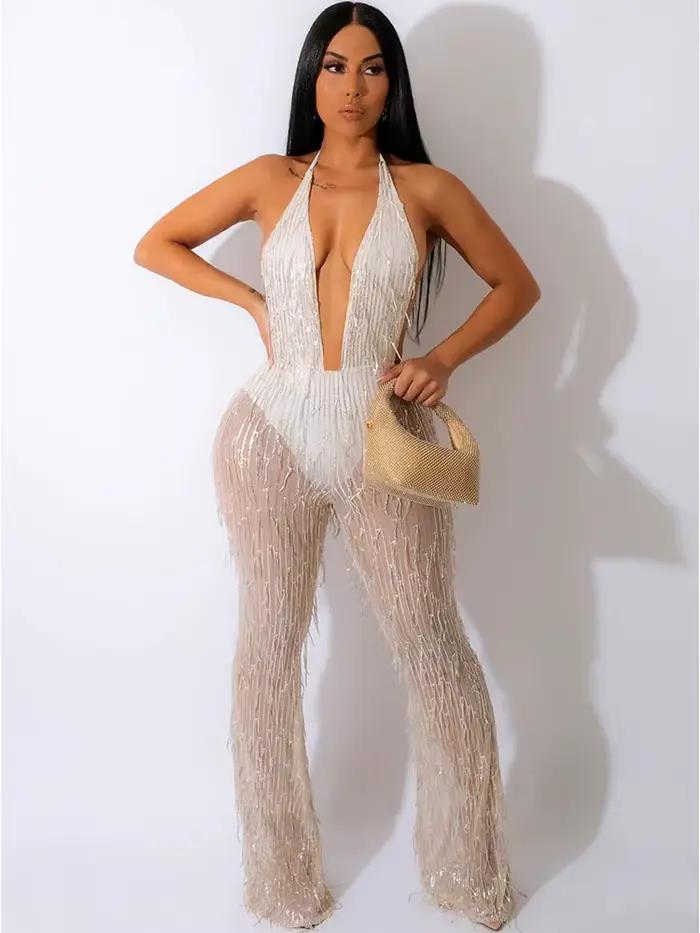 Barboteuse à paillettes pour femmes, combinaison Sexy à paillettes, dos nu, salopette en maille tran