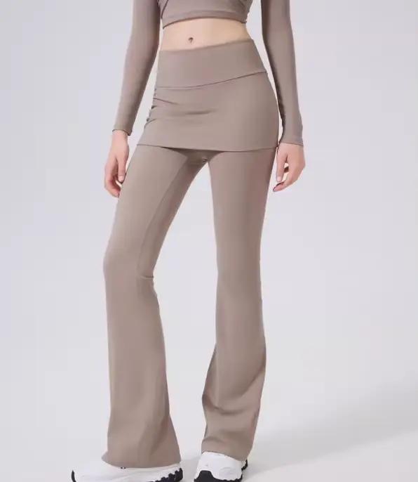 Pantalon faux deux pièces à taille haute légèrement évasé avec jupe intégrée pour femmes, idéal pour