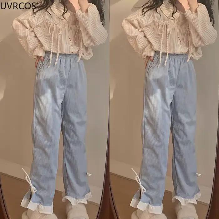 Pantalon en velours côtelé à nœud rose pour femme, style Sweet Lolita, volants Kawaii, bandage latér