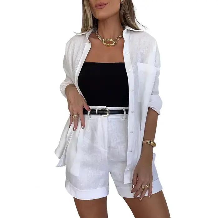 Ensemble de short 2 pièces blanc pour femme, chemise à revers à manches longues, short taille haute,