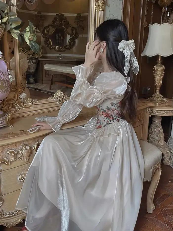 Vintage élégant imprimé robe florale femmes 2023 automne col rond décontracté soirée robe mi-longue 
