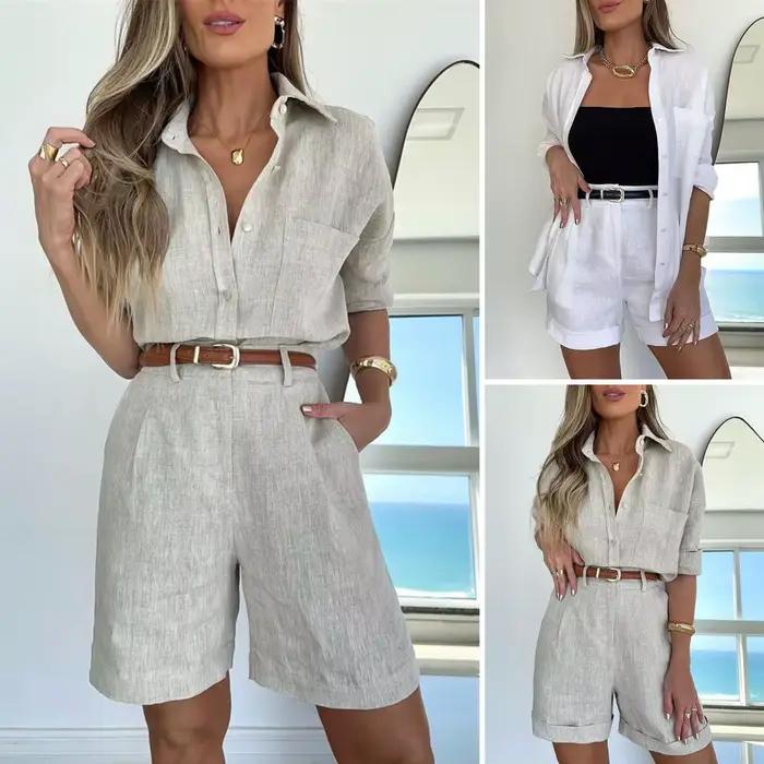 Ensemble de short 2 pièces blanc pour femme, chemise à revers à manches longues, short taille haute,