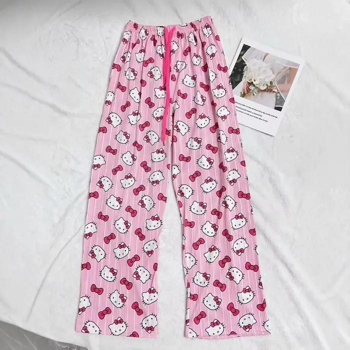 Pantalon de pyjama Kawaii Hello Kitty pour femmes, nouveau pantalon mignon et ample imprimé, taille 