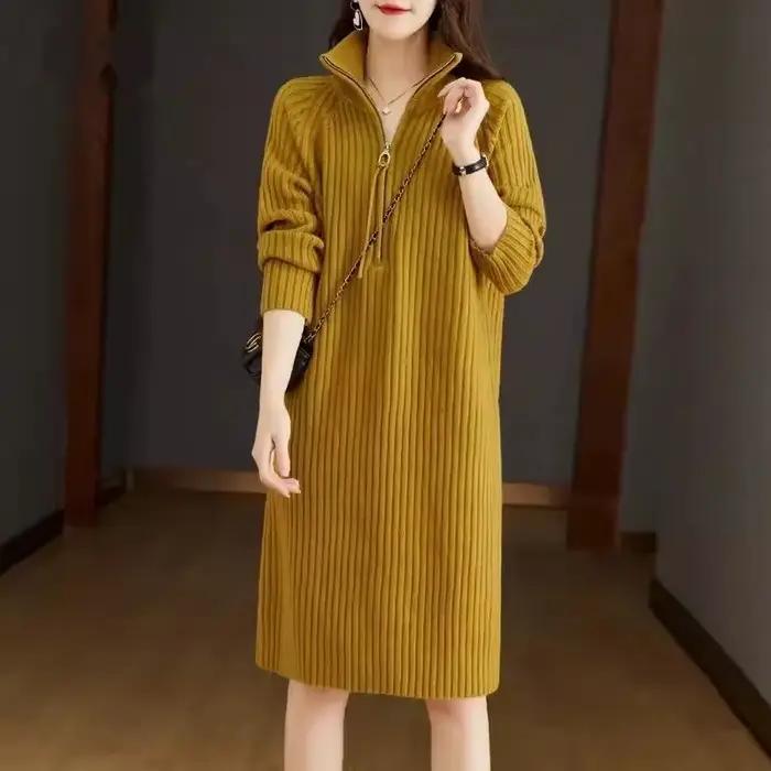 Robe à manches longues pour femmes, robe mi-longue, demi-fermeture éclair, monochromatique, grande r