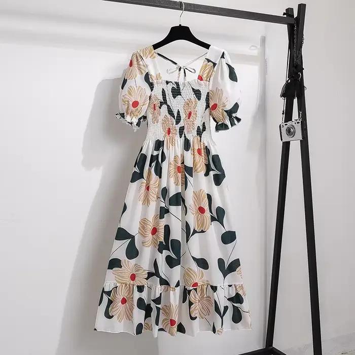 Printemps été robes en mousseline de soie mode femme taille élastique à manches courtes plissée tenu