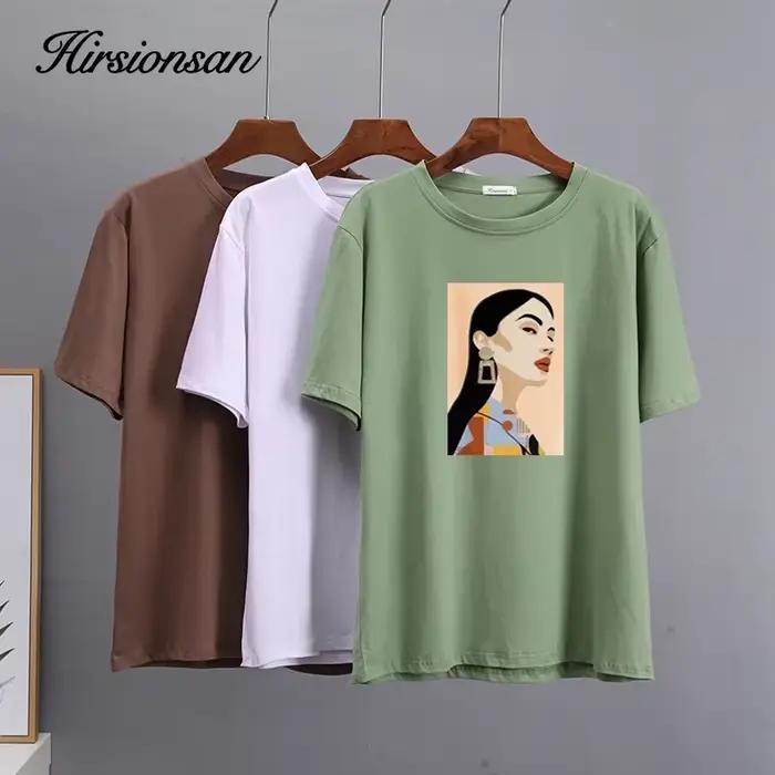 Hirsionsan – t-shirt en coton imprimé pour femme, haut Chic, ample, décontracté, esthétique, surdime