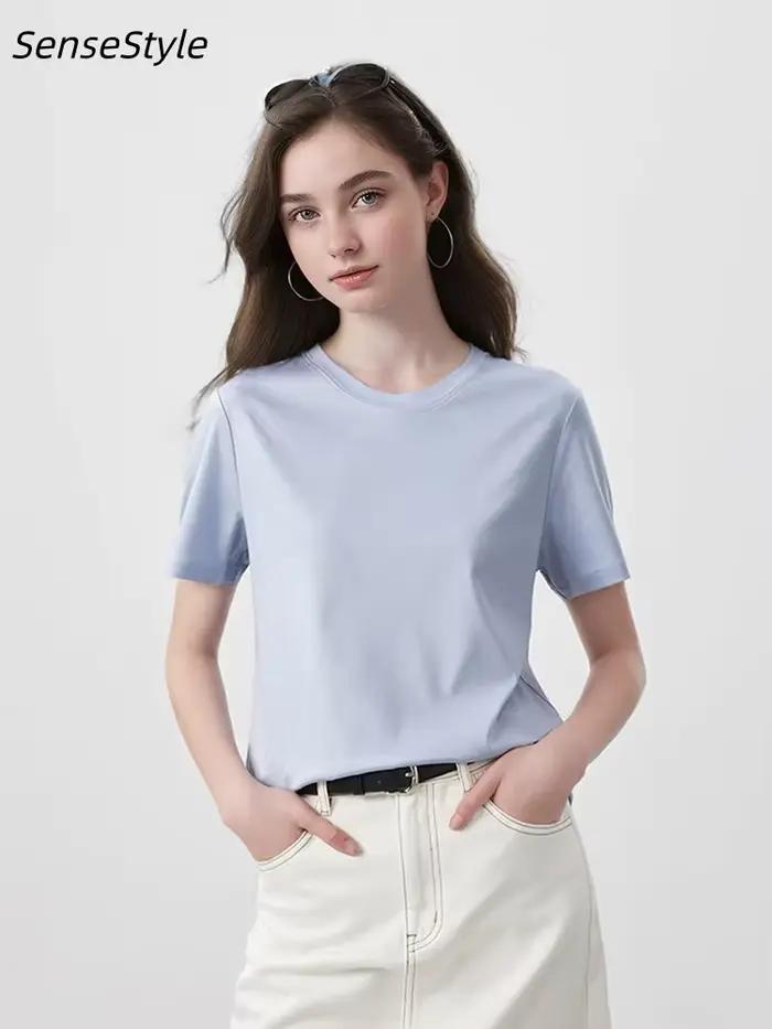 T-shirt en coton mercerisé et soie 5% pour femme, col rond, couleur unie, coupe ample, décontracté, 