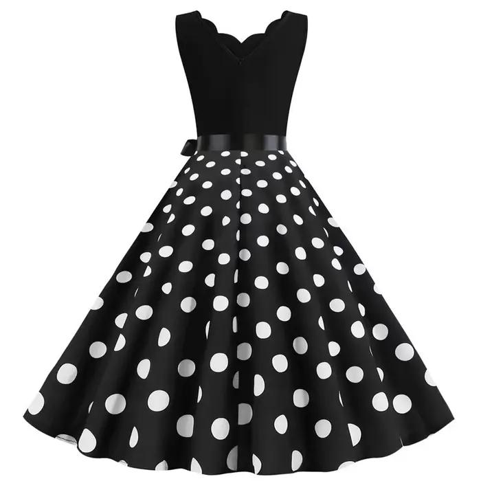 Femmes rétro robes d'été 50s 60s sans manches col en v à pois nœud boule cultivé fête Robe d'été Rob