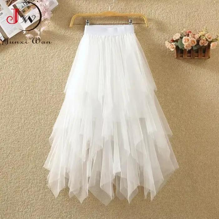 Jupes mi-longues taille haute pour femmes, jupes en tulle monochromes, maille blanche élégante et ch