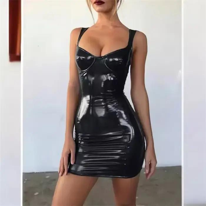 Femmes brillant en cuir verni sans manches robes Sexy coupe ajustée Wrap hanche robe femme décontrac
