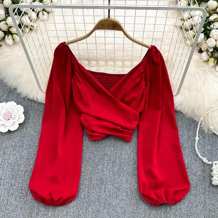 Chemisier slim croisé à manches longues bouffantes pour femmes, haut court plissé, chemise sexy, vêt