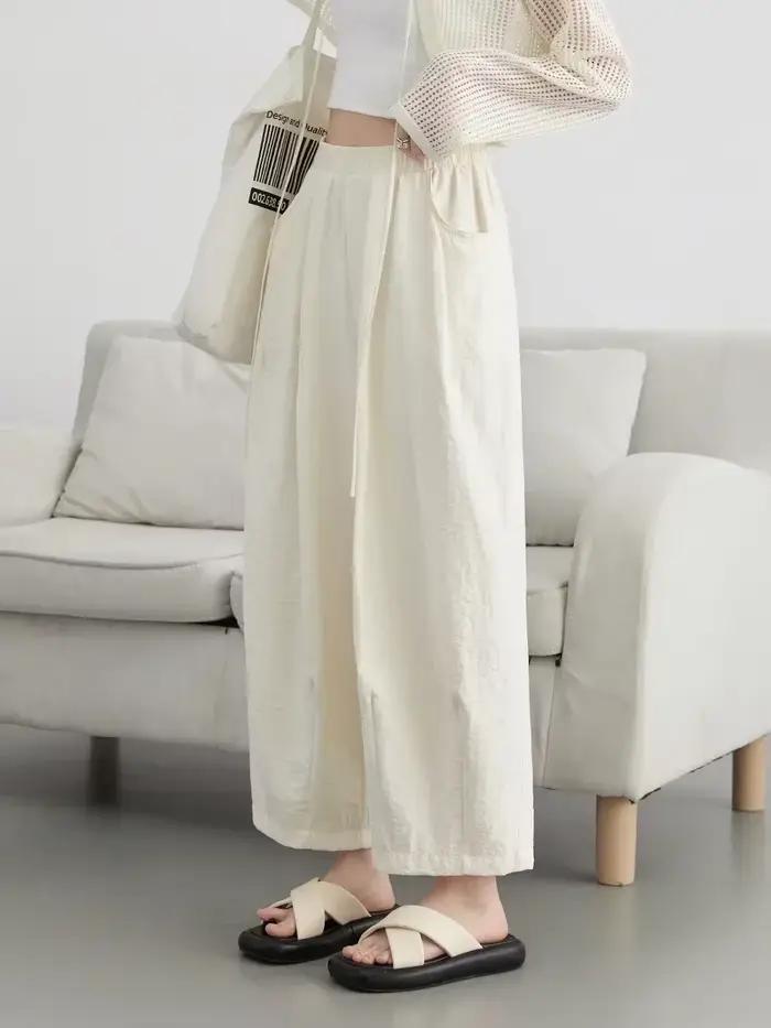 CHIC VEN femmes blanc pantalon solide décontracté taille élastique taille haute plissé jambe large f