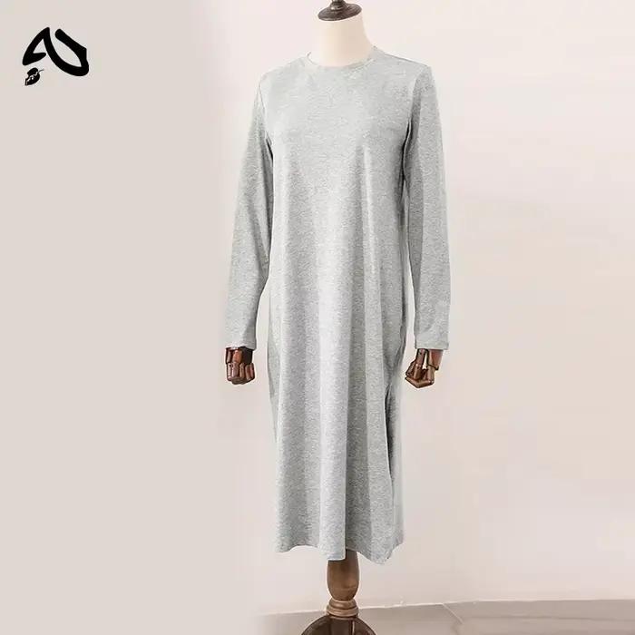 Robe longue décontractée en coton pour femme, ample, à manches longues, col rond, couleur unie, styl