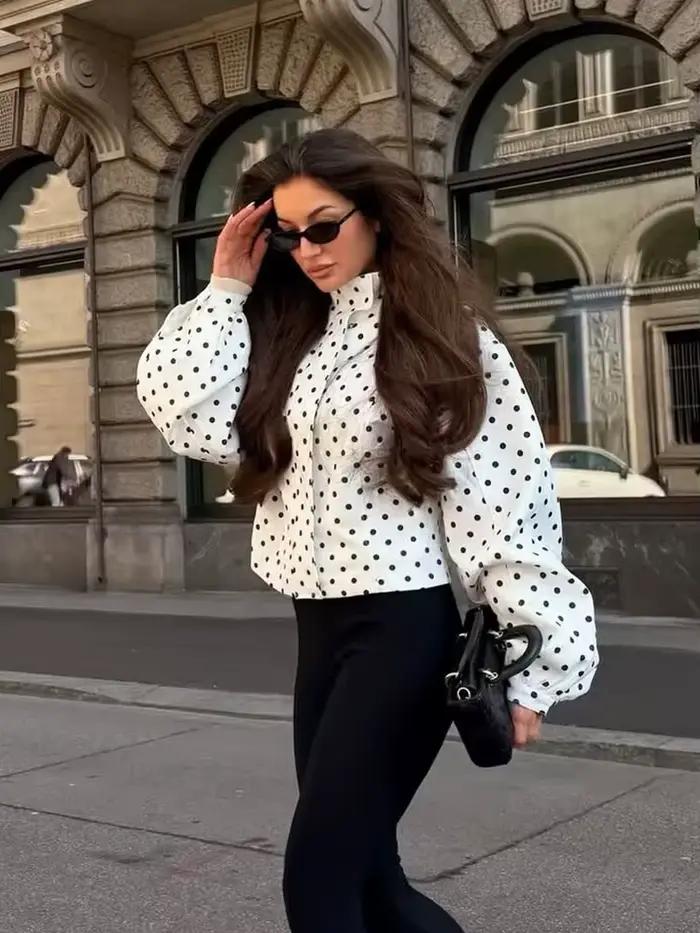 Blouson Bomber Femme Tendance à Pois, Veste Longue Ample à Manches Longues pour le Printemps, Mantea