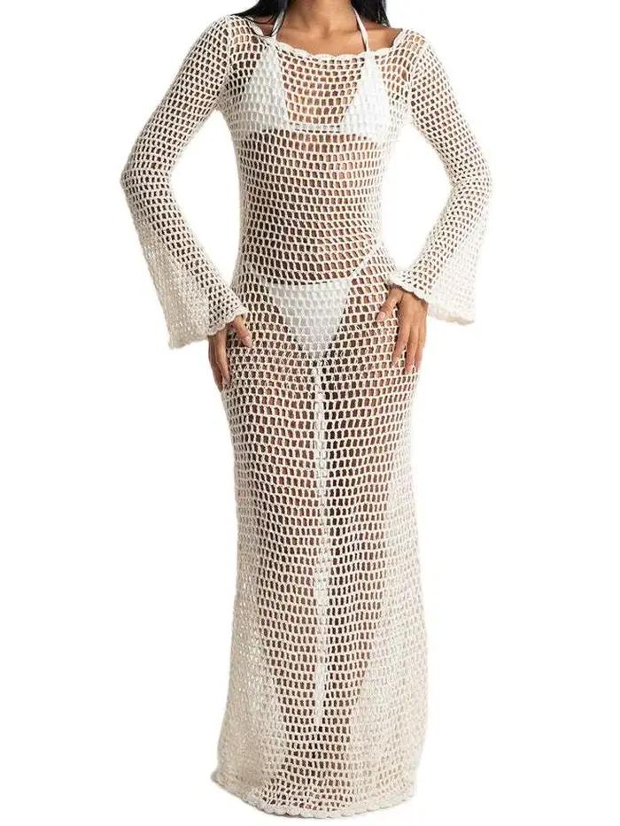 Robe de plage maxi à manches longues et col rond pour femmes, robes à lacets dos nu, robe de tempéra