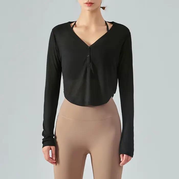 T-shirt à manches longues et col en v pour femme, vêtement Simple et Simple, résistant au soleil