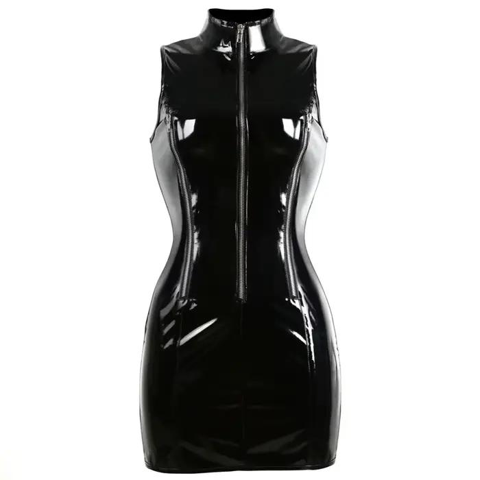 Robe en cuir verni noir PVC Punk, fermeture éclair, Slim, Sexy, moulante, Clubwear, Costume de fête 