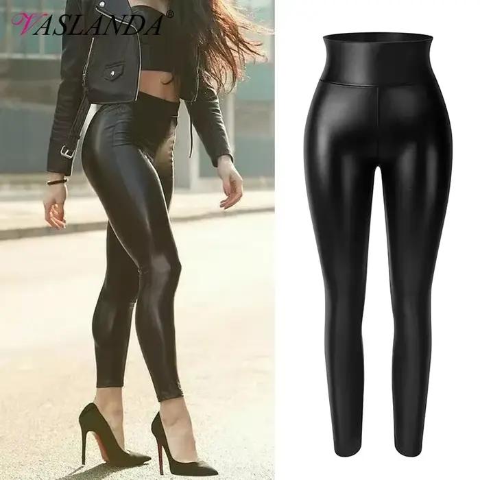TUNIControl-Pantalon crayon en cuir PU pour femme, legging moulant sexy, taille haute, pantalon slim