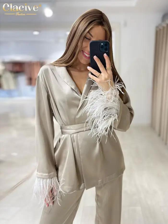 Clacive casual ample maison costume automne mode kaki Satin large pantalon ensemble élégant à manche