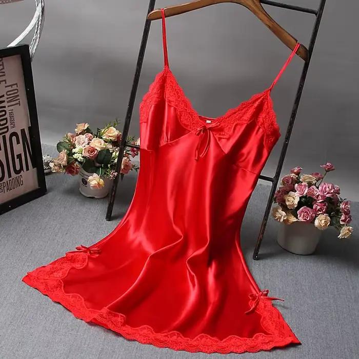 Mignon dentelle Camisola Patchwork femmes chemises de nuit robe en soie nœuds papillon Lingerie nuis