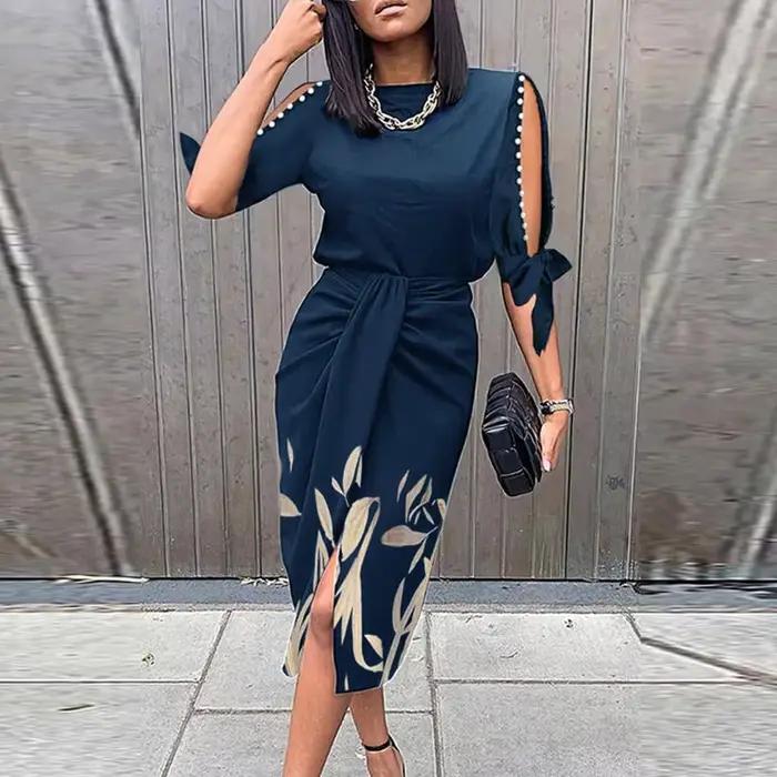 Robe de soirée élégante à manches courtes pour femmes, col rond, plis, longueur au genou, laçage déc