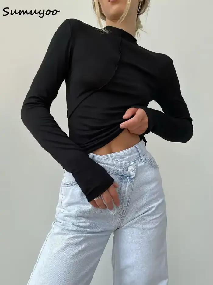 Summkoo-T-shirt Slim Fit à manches longues pour femmes, Économie Streetwear basiques, Demi-col roulé