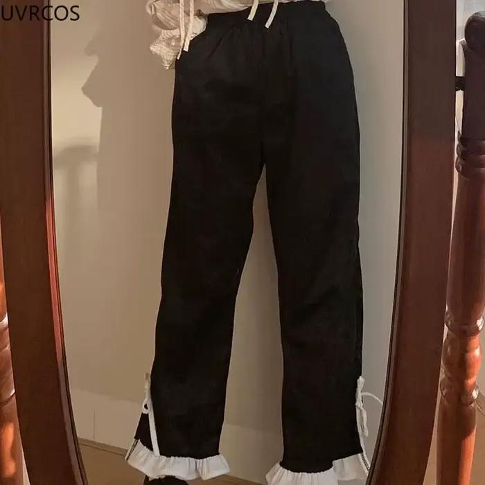 Pantalon en velours côtelé à nœud rose pour femme, style Sweet Lolita, volants Kawaii, bandage latér
