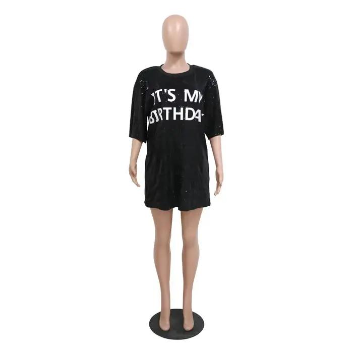 Robe noire sexy à paillettes pour femmes, demi manches, mini robes droites, soirée de printemps et d