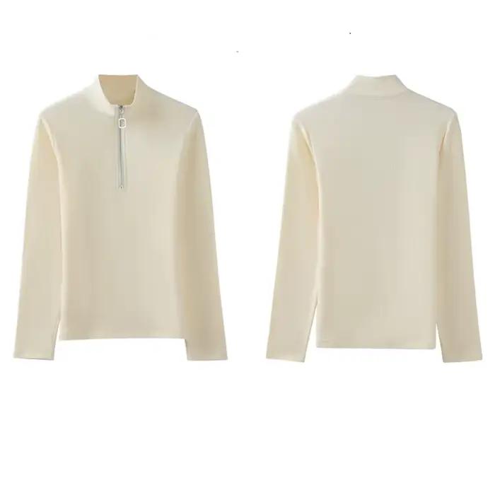 Automne hiver fermeture éclair à manches longues t-shirt femmes Style coréen mince t-shirts Mujer de