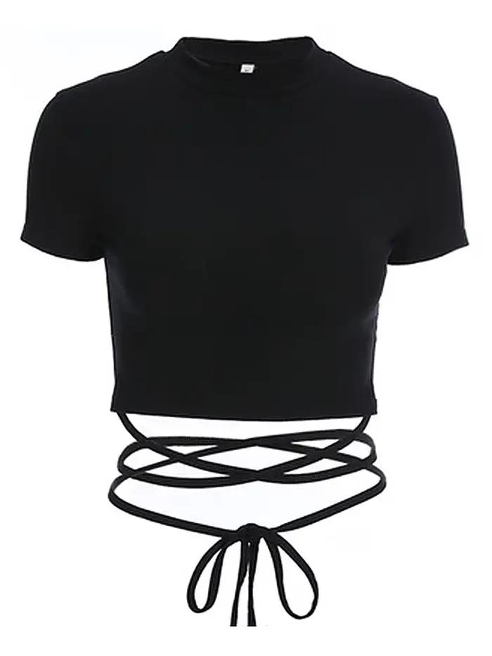 T-Shirts courts noirs pour femmes, sexy, manches courtes, bandage, été 2024