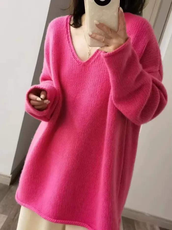 Pull en cachemire de luxe pour femme, rose, col en v, épaules tombantes, ample, en pure laine, nouve