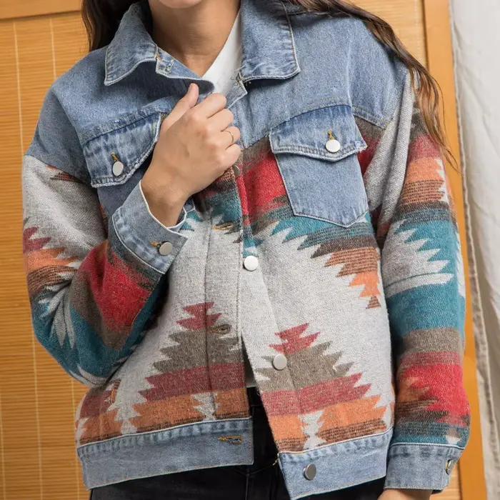 Manteau pull en jean patchwork ample à revers et manches longues, style rétro, pour femme, collectio