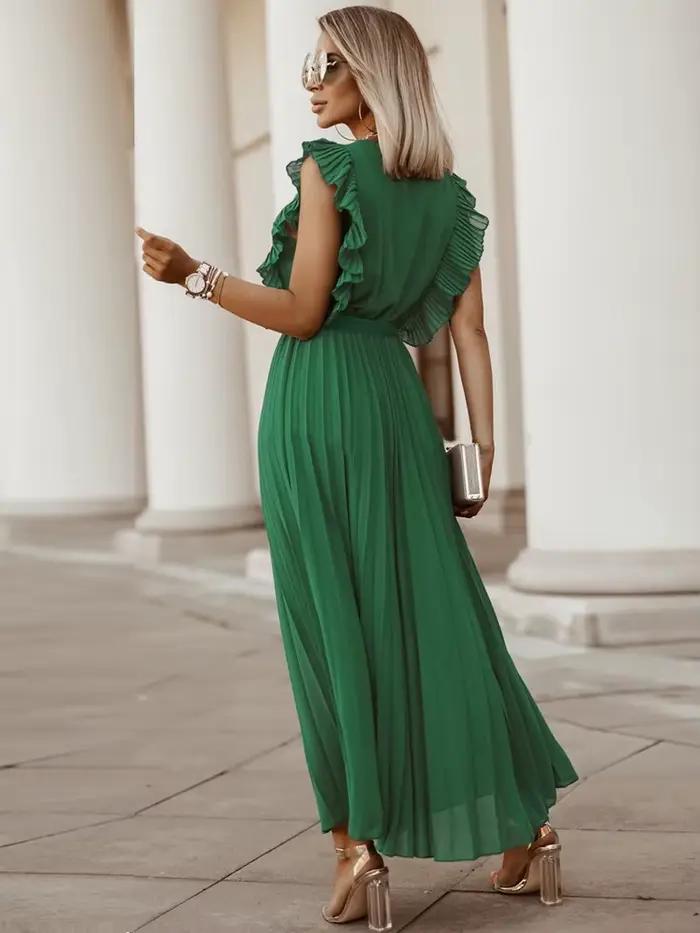 Mode élégante femmes robe sans manches col en V longue robe d'été Sexy pli robe de soirée femme en m