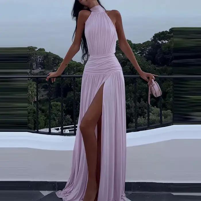 Robe de soirée d'été ajourée, sans manches, taille haute, mode, dos nu, couleur unie, longue, Sexy, 