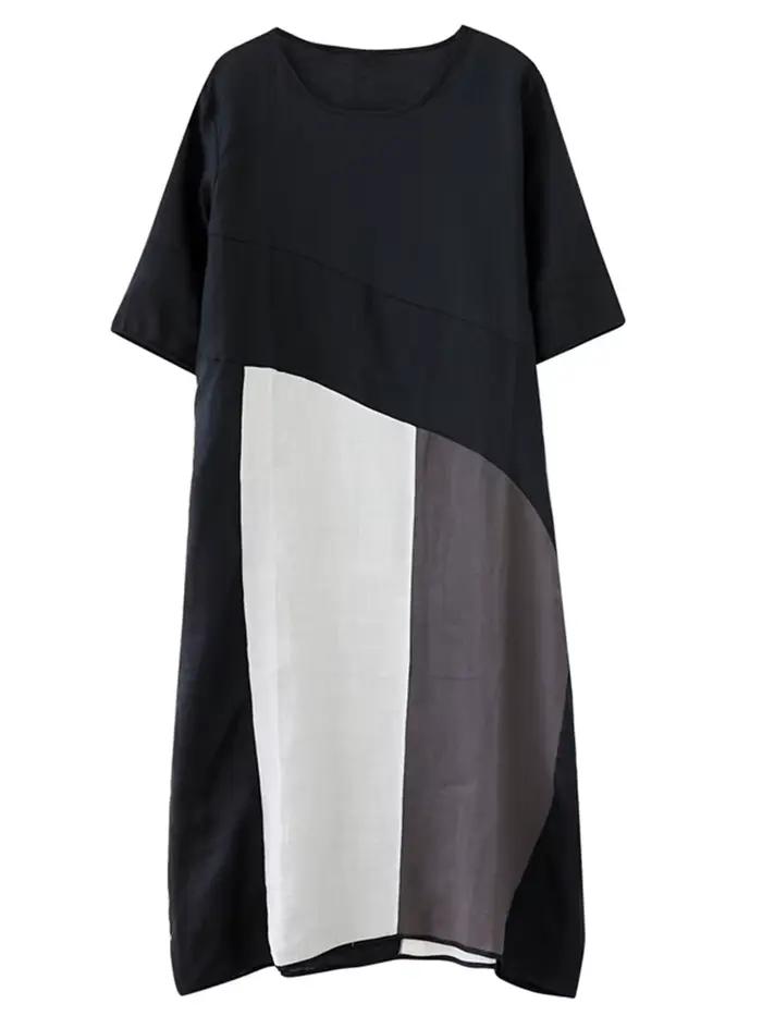 Robes en coton et lin vintage à contraste de couleurs pour femmes, nouvelle robe d'été décontractée 
