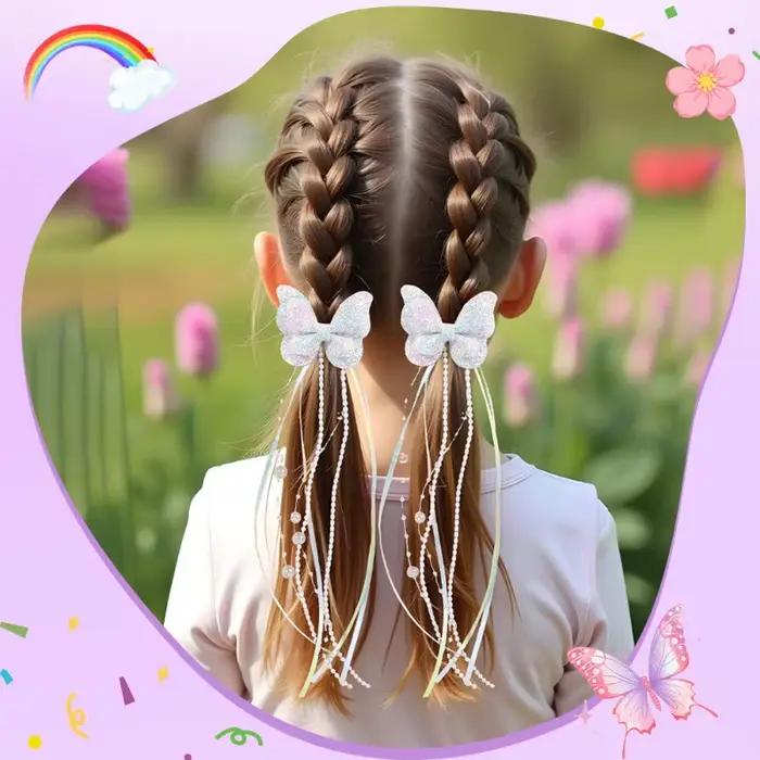 Pince à cheveux à paillettes papillon arc-en-ciel pour enfants, 2 pièces, ruban de perles, pince à c