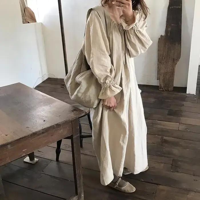 Robe élégante en coton et lin pour femmes, Maxi, décontractée, manches longues lanterne, Vintage, am