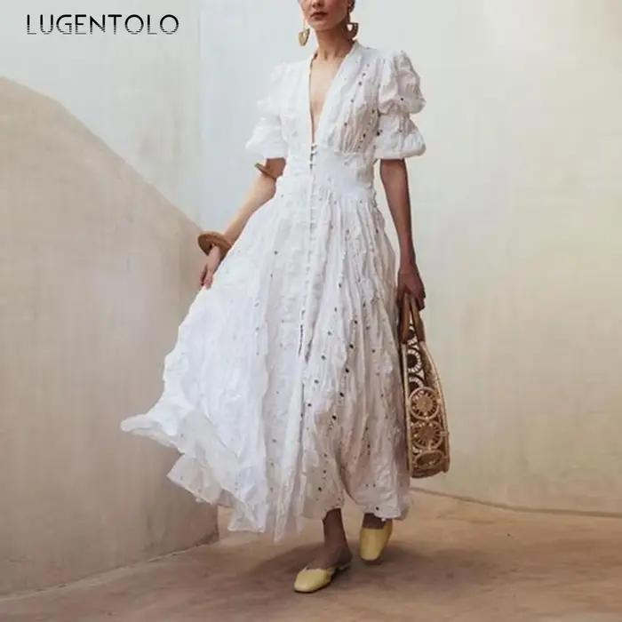 Lugentolo-Robe en dentelle blanche pour femme, manches courtes, col en V profond, mince, grande bala