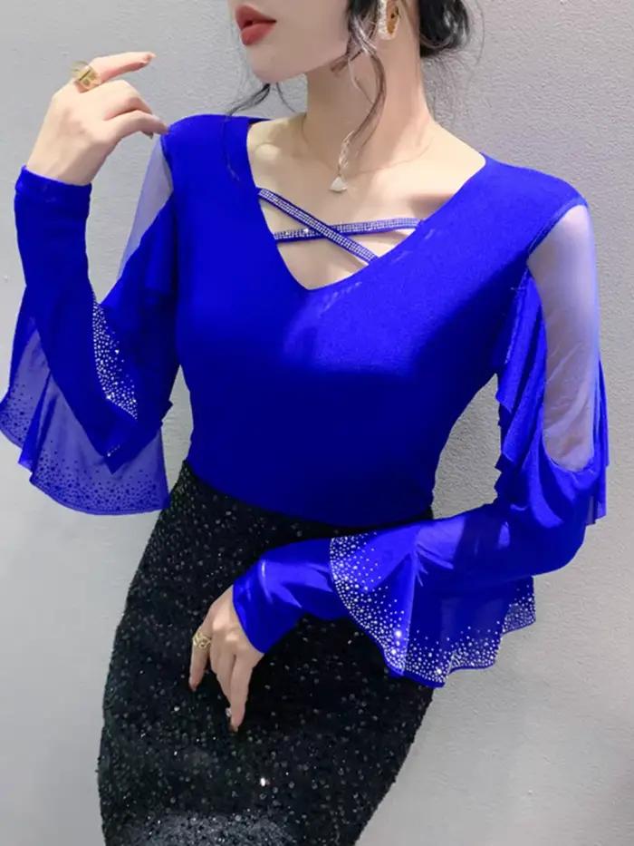 2024 printemps été T-shirts femmes col en v volants à manches longues solide maille élastique hauts 