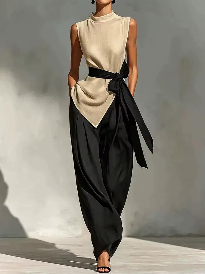 Nouvel ensemble deux pièces assorti pour femme, pull-over à col rond avec patchwork et laçage, tenue