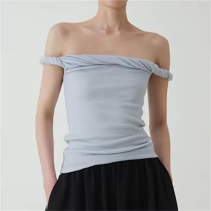 T-shirt à manches courtes et épaules dénudées pour femme, haut froncé, col slash, blanc, rose, kawai
